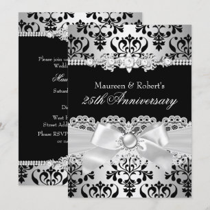 Invitation Noir Ruban de Damassé Perle Argent 25e Anniversair