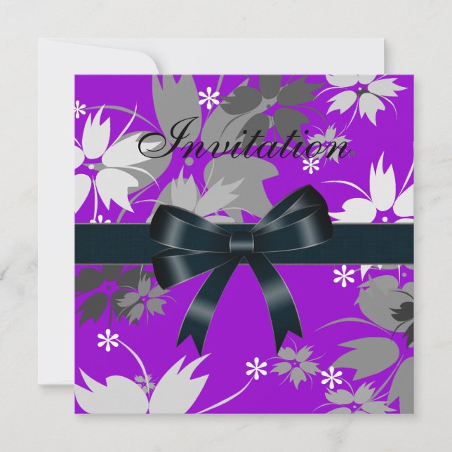 Invitation Noir Ruban Floral Violet (Devant)