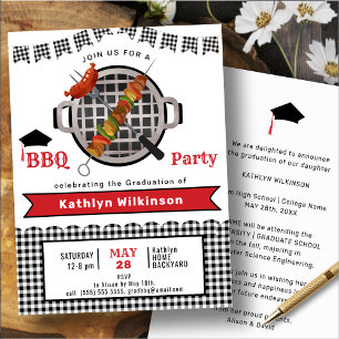Invitation Noir Rustique Blanc Plaid Rouge Script GRAD BBQ Pa
