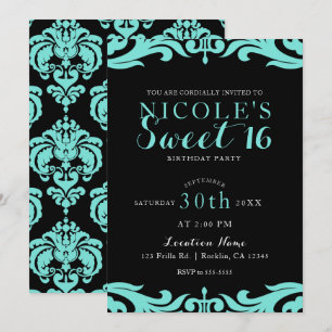Invitation Noir & Sarcelle Élégant Chic Damas Soirée Douce 16