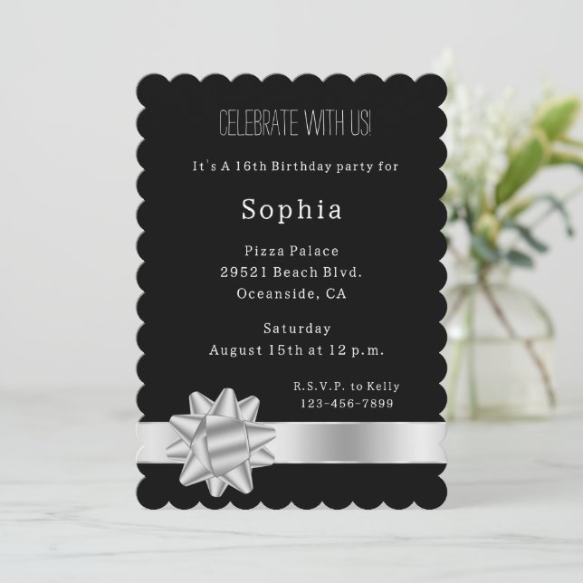 Invitation Noir Silver Ribbon et Bow Anniversaire (Debout devant)