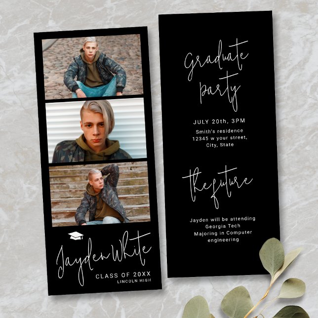 Invitation Noir Simple Moderne Écriture 3 Photo Remise des di (Black Simple Modern Script 3 Photo Graduation Invitation)