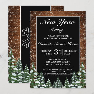Invitation Noir Snowy Bois & Pin Forêt Fête du Nouvel An