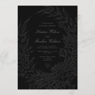 Invitation Noir sur Black Floral Wreath Mariage QR Code
