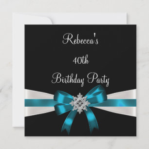 Invitation Noir Teal Blanc Bijou Arc 40ème Élégant Anniversai