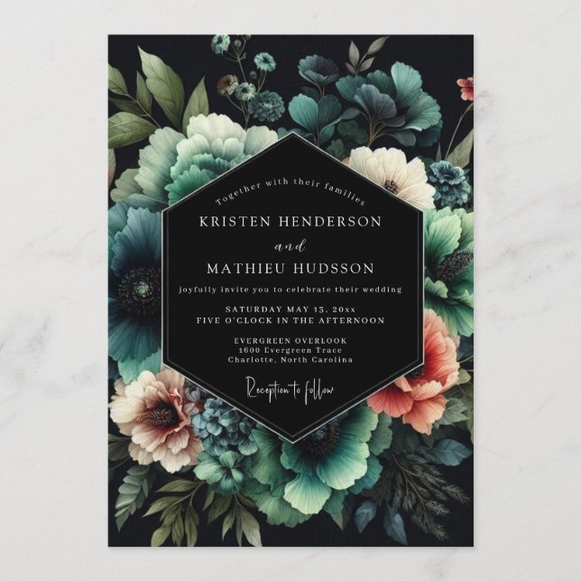 Invitation Noir Teal Bloom Mariage (Devant)