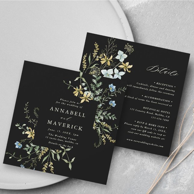 Invitation Noir tout en un Fleur sauvage Boho Mariage (Front & Back)