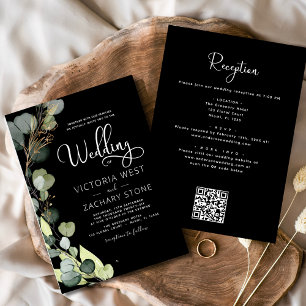 Invitation Noir tout en un Mariage de code QR Eucalyptus