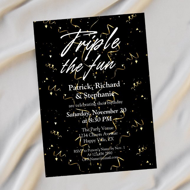 Invitation Noir Triple la Fête Amis Anniversaire Commun (Créateur téléchargé)