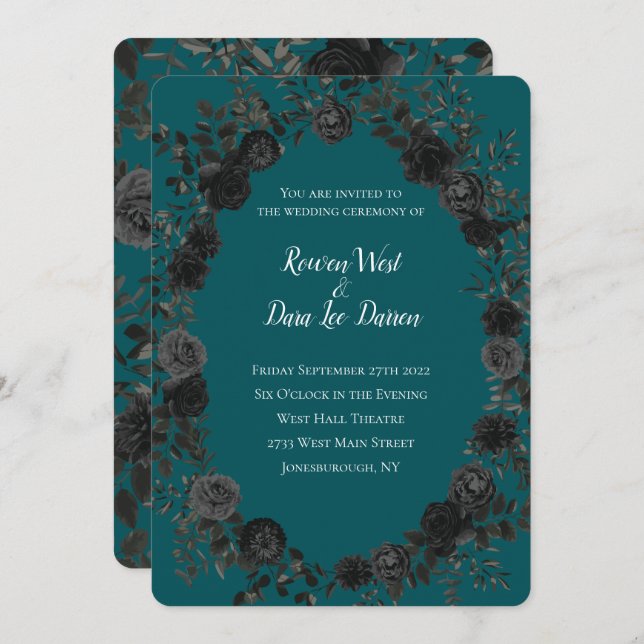 Invitation Noir Turquoise Rose gothique Élégant mariage (Devant / Derrière)