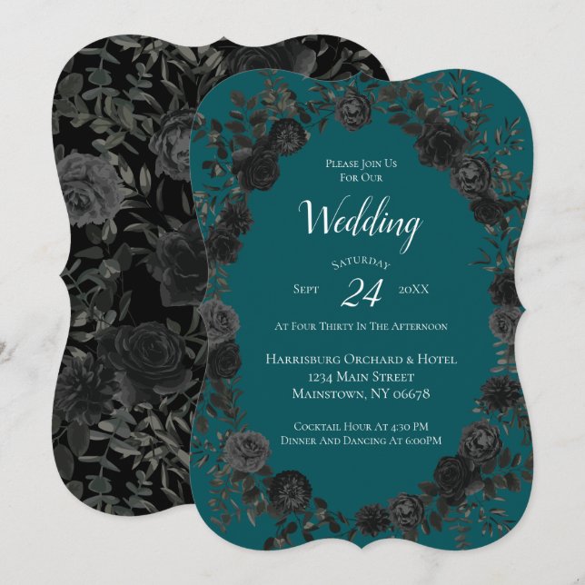 Invitation Noir Turquoise Rose gothique Élégant mariage (Devant / Derrière)