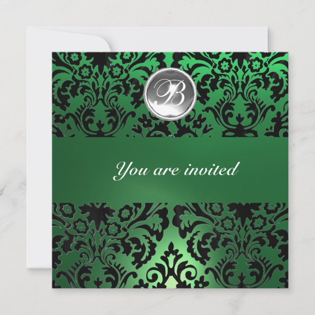 Invitation NOIR & VERT DAMASSÉ PIERRE GEMME MONOGRAMME glace  (Devant)