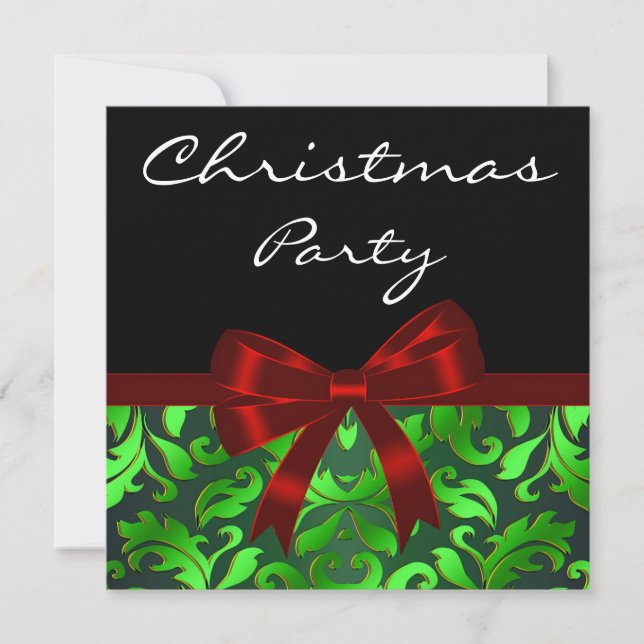 Invitation Noir Vert Damassé Rouge Nœud Noël Fête (Devant)