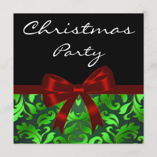 Invitation Noir Vert Damassé Rouge Nœud Noël Fête