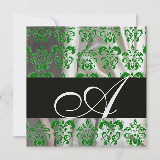 INVITATION NOIR VERT GLACE BLANC SOIE DAMASSÉE MONOGRAMME (Devant)