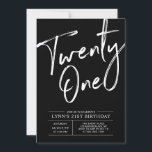 Invitation Noir Vingt | Fête du 21e anniversaire moderne<br><div class="desc">Célébrez votre journée spéciale avec cette simple et élégante invitation à la fête du 21e anniversaire. Ce design présente un script de brosse chic "Twenty One" avec une disposition propre en noir et blanc combo couleur. D'autres designs sont disponibles dans ma boutique BaraBomDesign.</div>