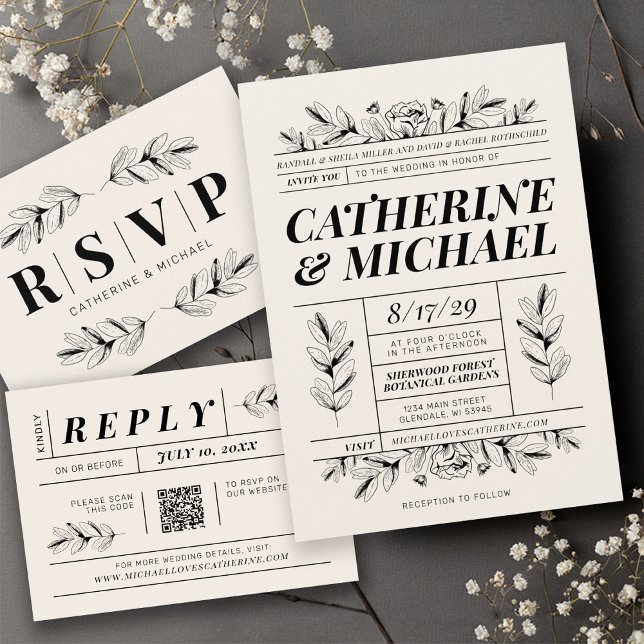 Invitation Noir vintage & Crème Botanique Mariage élégant (Vintage newspaper typeset typography black & cream retro botanical floral elegant wedding invitation)