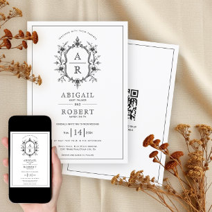 Invitation Noir vintage crête monogramme QR code mariage