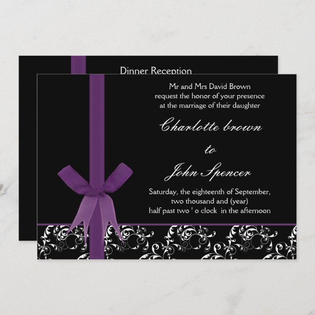 Invitation Noir violet blanc Damas FAUX conception ruban (Devant / Derrière)