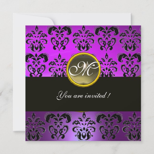 Invitation NOIR VIOLET  DAMAS MONOGRAMME, agate grise (Devant)