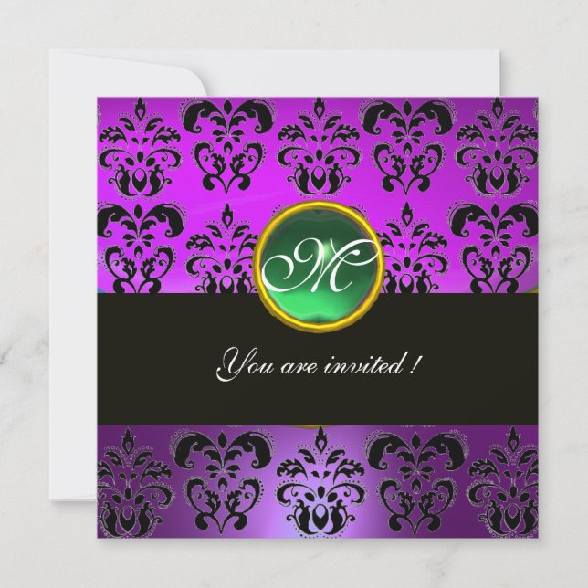 Invitation NOIR VIOLET  DAMAS MONOGRAMME, émeraude verte (Devant)