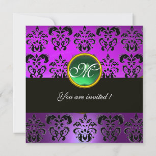 Invitation NOIR VIOLET DAMAS MONOGRAMME, émeraude verte