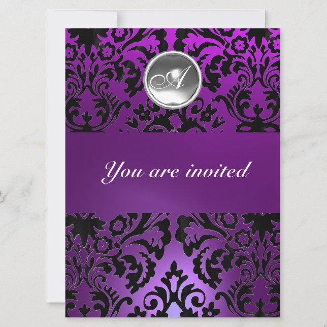 Invitation NOIR & VIOLET DAMASSÉ PIERRE GEMME MONOGRAMME glac (Devant)