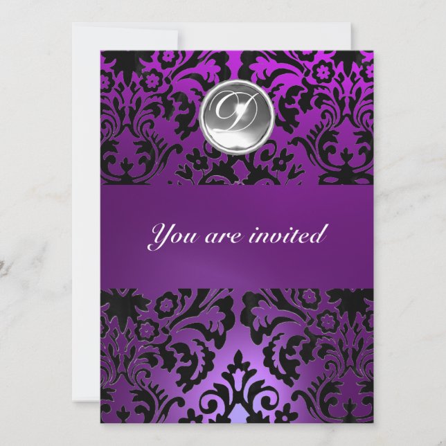 Invitation NOIR & VIOLET DAMASSÉ PIERRE GEMME MONOGRAMME glac (Devant)