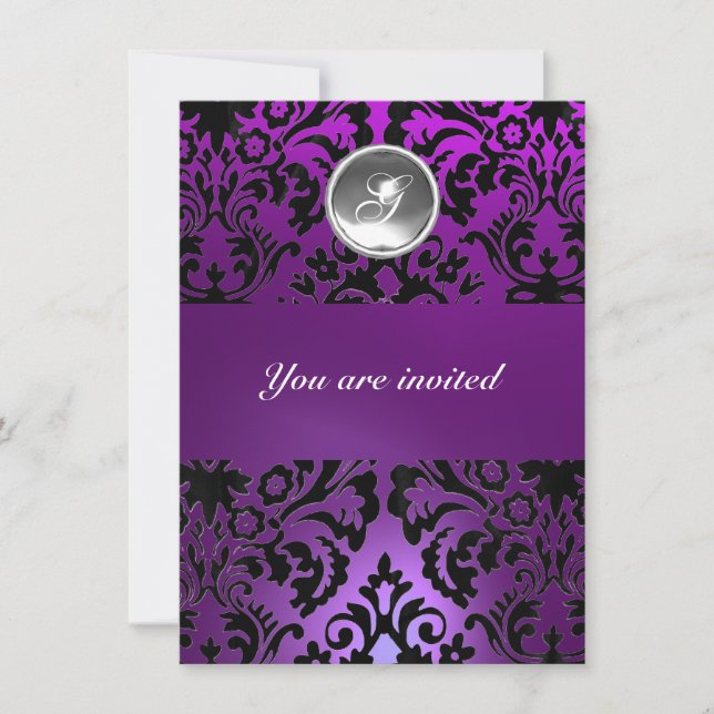 Invitation NOIR & VIOLET DAMASSÉ PIERRE GEMME MONOGRAMME glac (Devant)