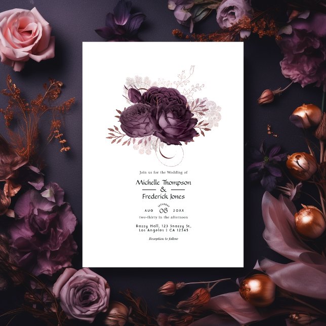 Invitation Noir violet foncé et Rose or Floral Mariage QR Cod (Créateur téléchargé)