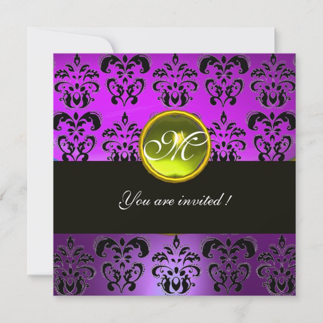 Invitation NOIR VIOLET  MONOGRAMME EN DAMAS, topaze jaune (Devant)
