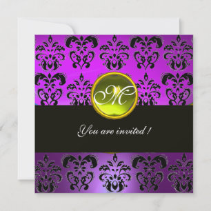 Invitation NOIR VIOLET  MONOGRAMME EN DAMAS, topaze jaune