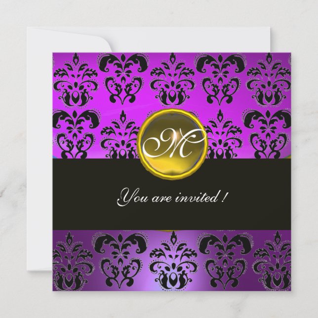 Invitation NOIR VIOLET  MONOGRAMME EN DAMAS, topaze jaune (Devant)