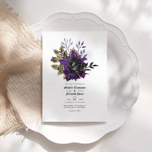 Invitation Noir violet or Floral Mariage gothique Code QR