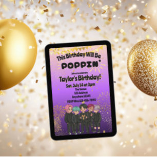 Invitation Noir Violet Or Garçons KPOP Poppin' Anniversaire