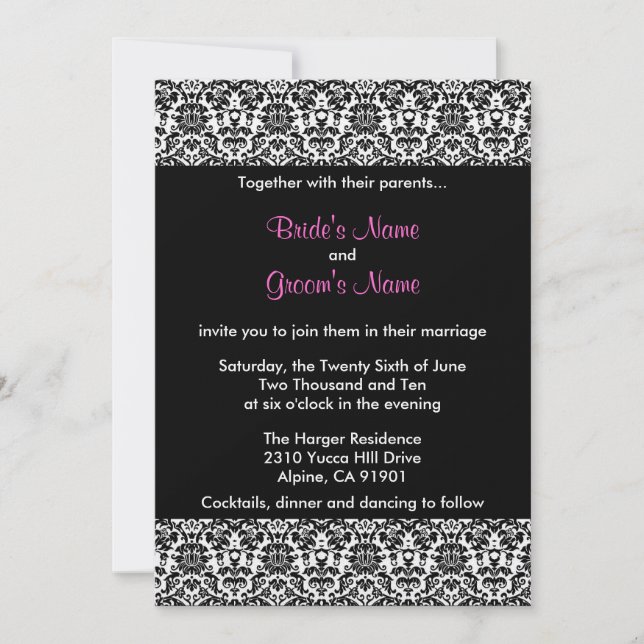 Invitation noire/blanche/rose de mariage damassé (Devant)