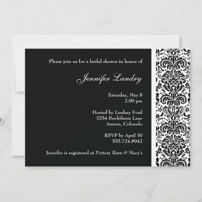 Invitation noire de Fête de la mariée de damassé (Devant)
