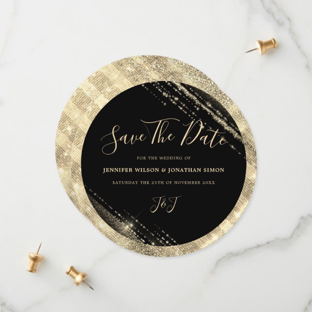 Invitation noire de sauvegarde de date en paillett (Devant/Arrière en situation)