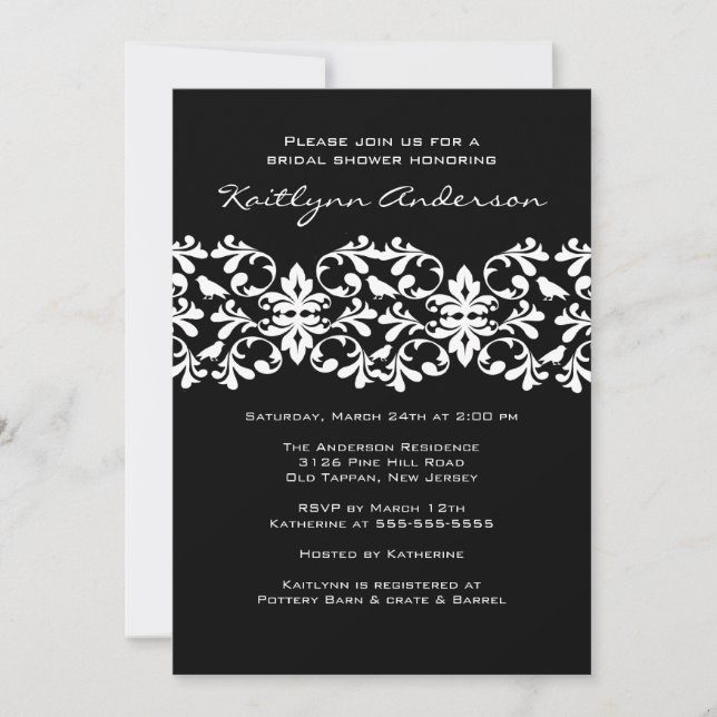 Invitation noire et blanche de Fête de la mariée (Devant)