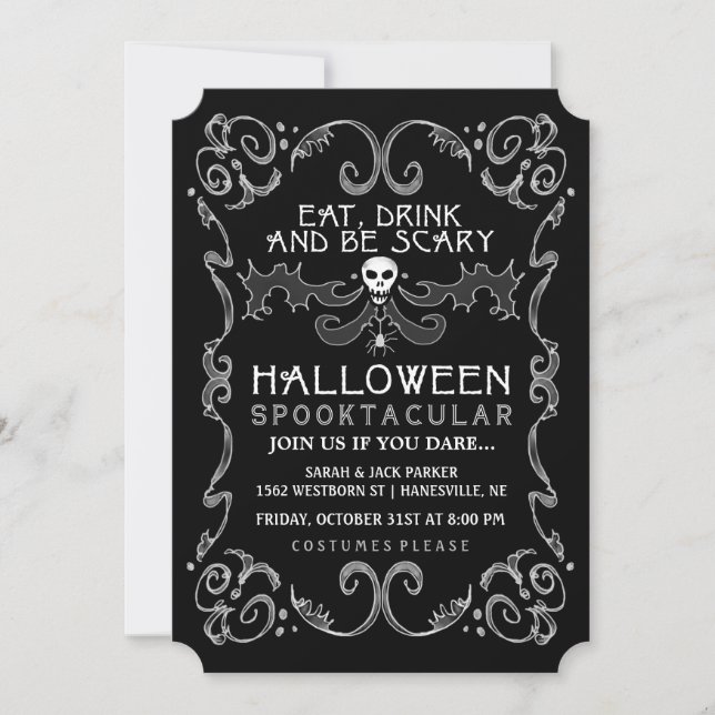Invitation noire et blanche de Halloween de partie (Devant)
