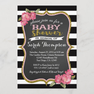 Invitation noire et blanche rose florale de baby