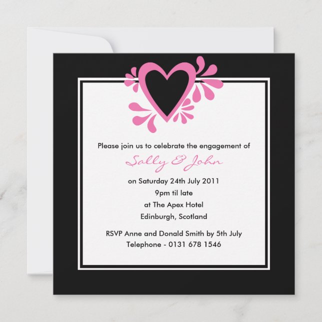 Invitation noire et rose de fiançailles de coeur (Devant)