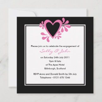 Invitation noire et rose de fiançailles de coeur