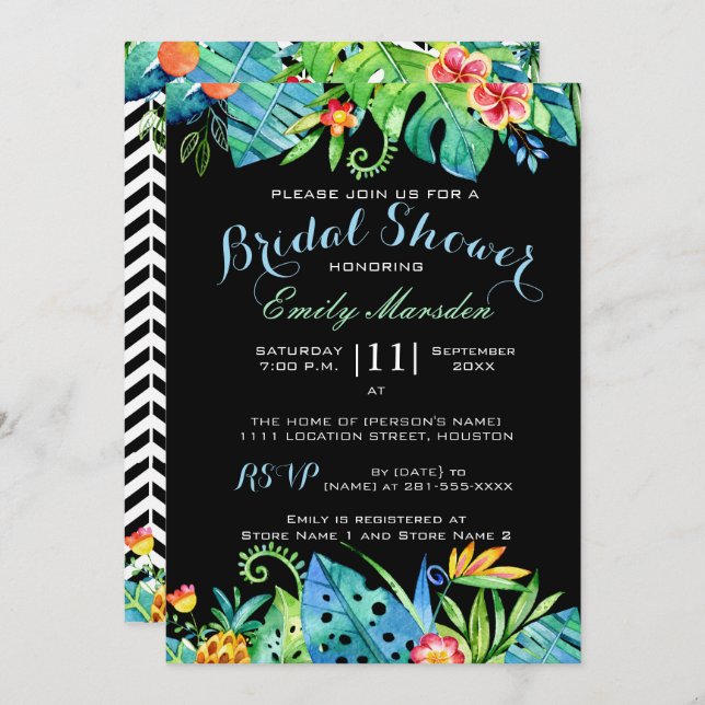 Invitation noire florale tropicale de Fête de la (Devant / Derrière)