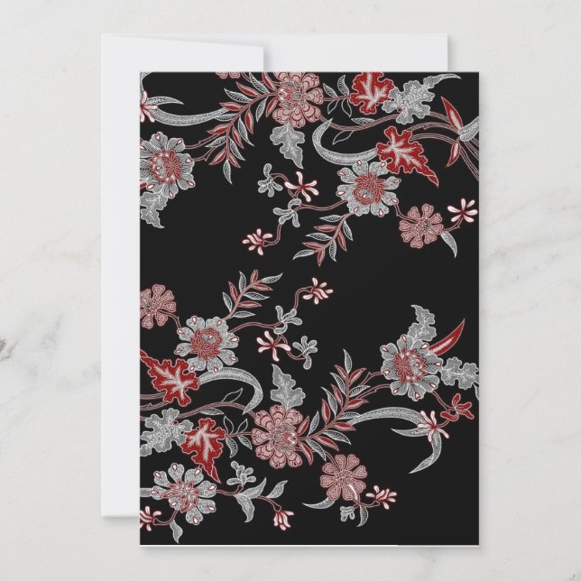 Invitation noire moderne à motif floral de batik (Devant)
