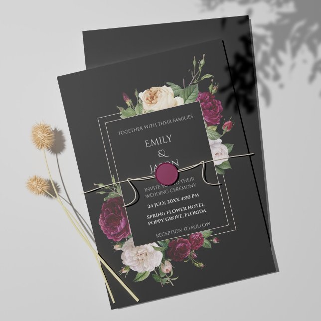 Invitation noire moderne avec pivoines bordeaux (Créateur téléchargé)