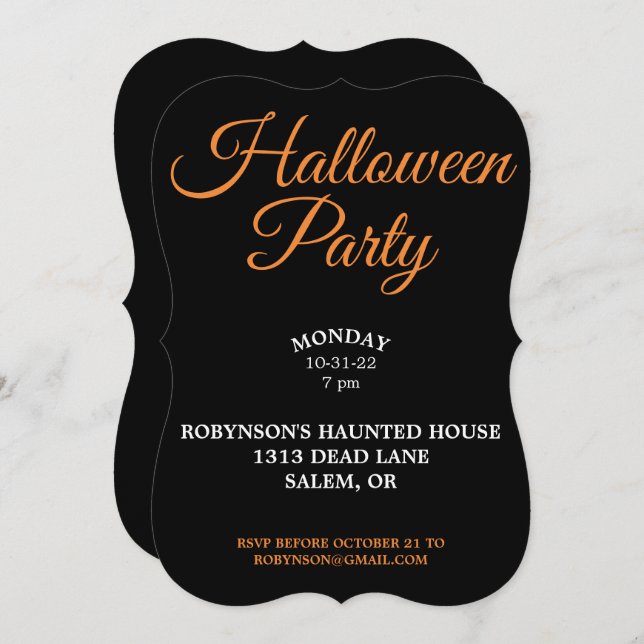 Invitation noire pour soirée Halloween (Devant / Derrière)