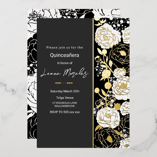 Invitation noire Quinceañera Foil (Recto/Verso)