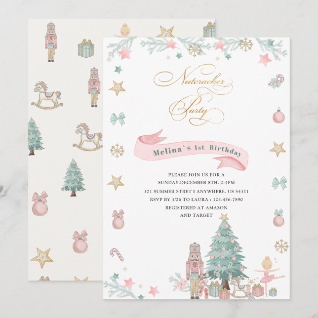 Invitation Noisette de Noël Ballet Aquarelle rose bébé s (Devant / Derrière)