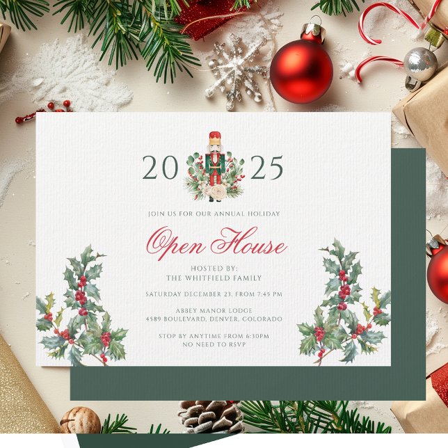 Invitation Noisette de Noël Open House Red Berries (Christmas Holidays Open House Party Invitation Red Berries with Nutcracker)